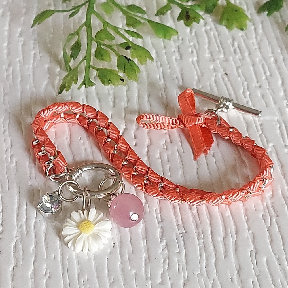 B586 Silvertone Braided Ribbon Bracelet with Charms